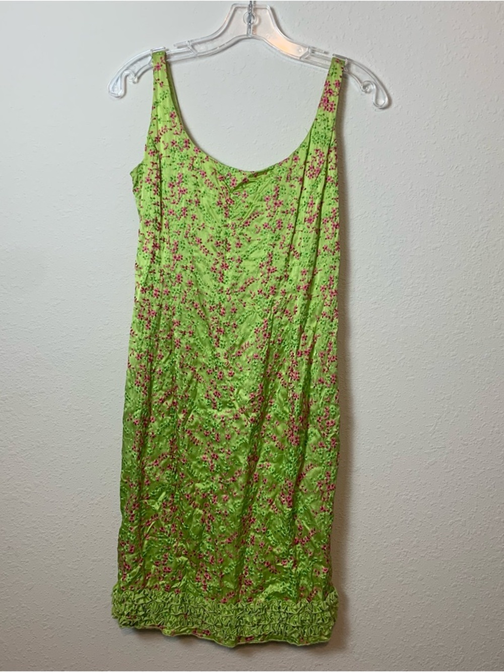 Fiori di Zucca Lime Green Pink Floral Embroidered Ruffle Hem Sheath Dress Size 6